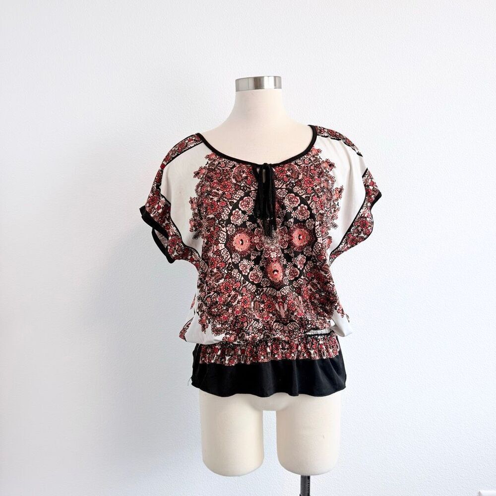 Claudia Richard White Floral Boho Short Sleeve Blouse Medium Boho Flutter - Picture 2 of 8